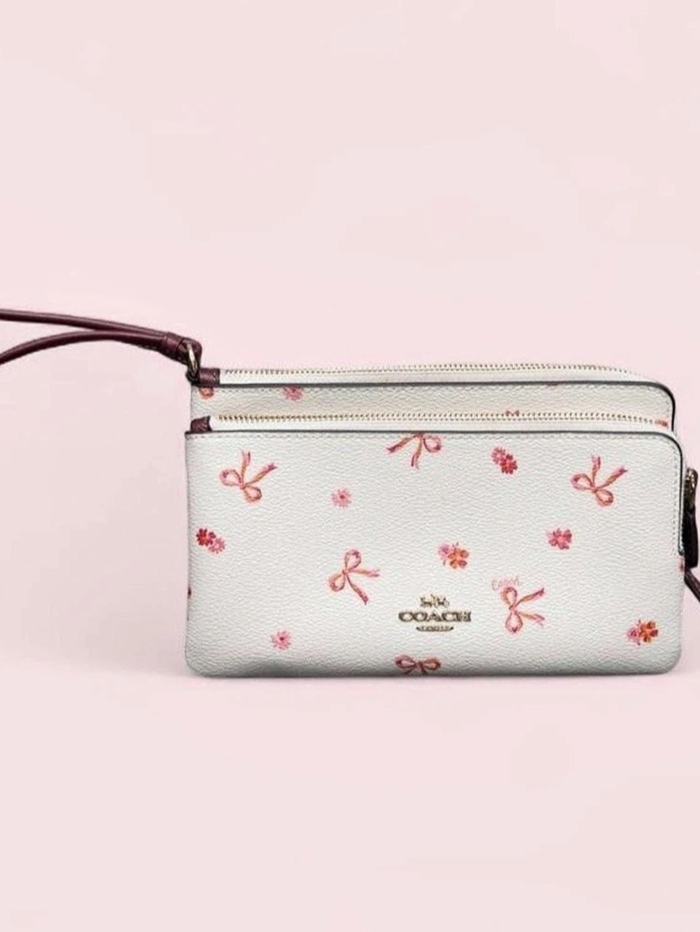 Coach Double Zip Wallet With Bow Print Floral Wristlet White & Pink